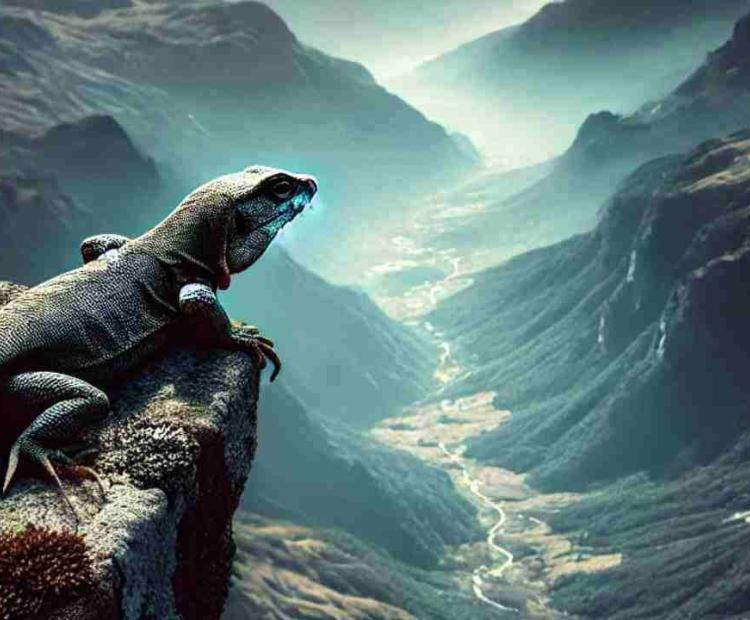 A mountaintop lizard perched on a rock, appearing calm and majestic in the cool mountain air.