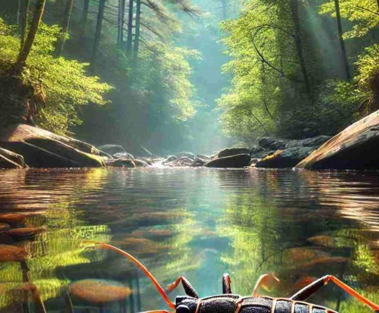 A shiny, silvery creature found near a creekside, its body reflecting the sunlight as it moves.