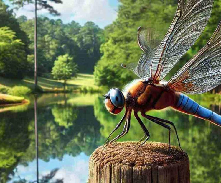 A dragonfly clinging tightly to a post during high winds, refusing to let go despite the gusts.